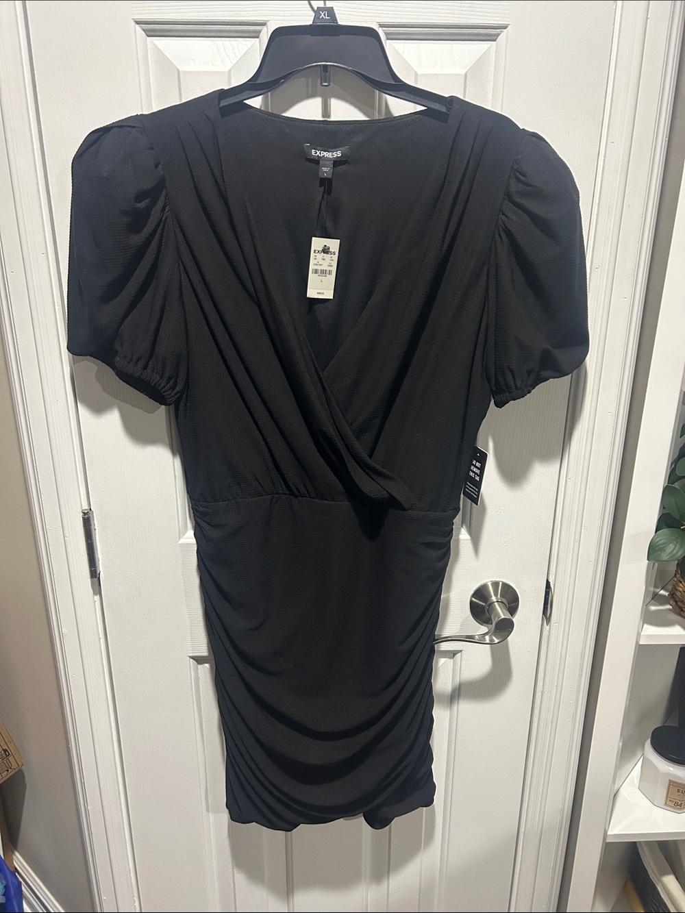 Express Black Puff-Sleeve Surplice Dress